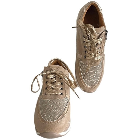 New Metallic Gold Tan White Zip Up Lace Up Bandage Trainers Women’s Size 6 - Picture 4 of 9